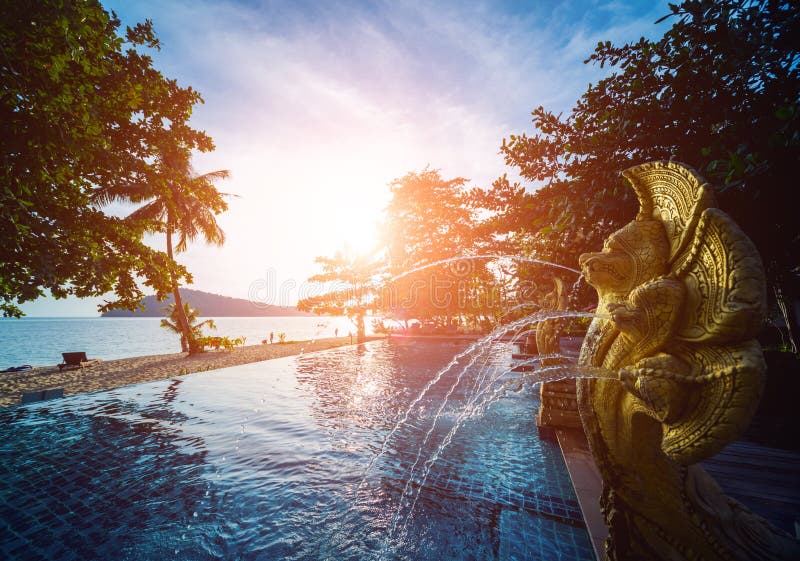 Swimming pool at exotic tropical resort. Exotic garden.