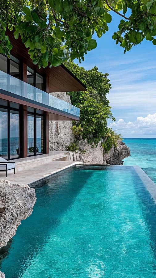 A swimming pool in front of a house overlooking the ocean stock photos