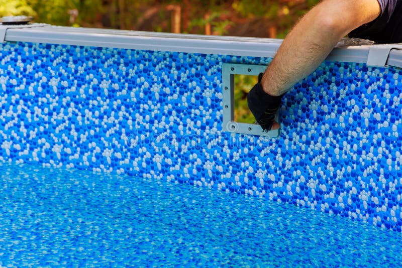Swimming pool maintenance installed on frame skimmer basket collects dirt trash using filtration system water surface royalty free stock image