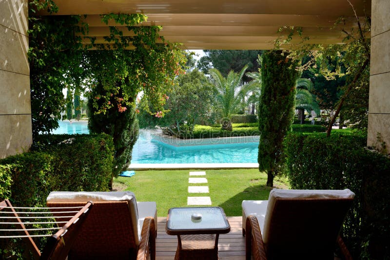 The swimming pool at modern luxury hotel