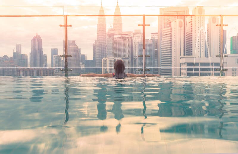 Swimming pool on roof top with beautiful city view kuala lumpur malaysia.