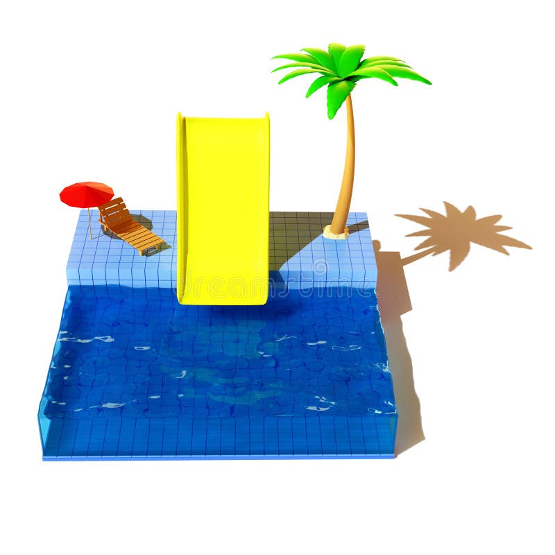 Swimming Pool with Slide and Palm 3d Render Illustration Stock