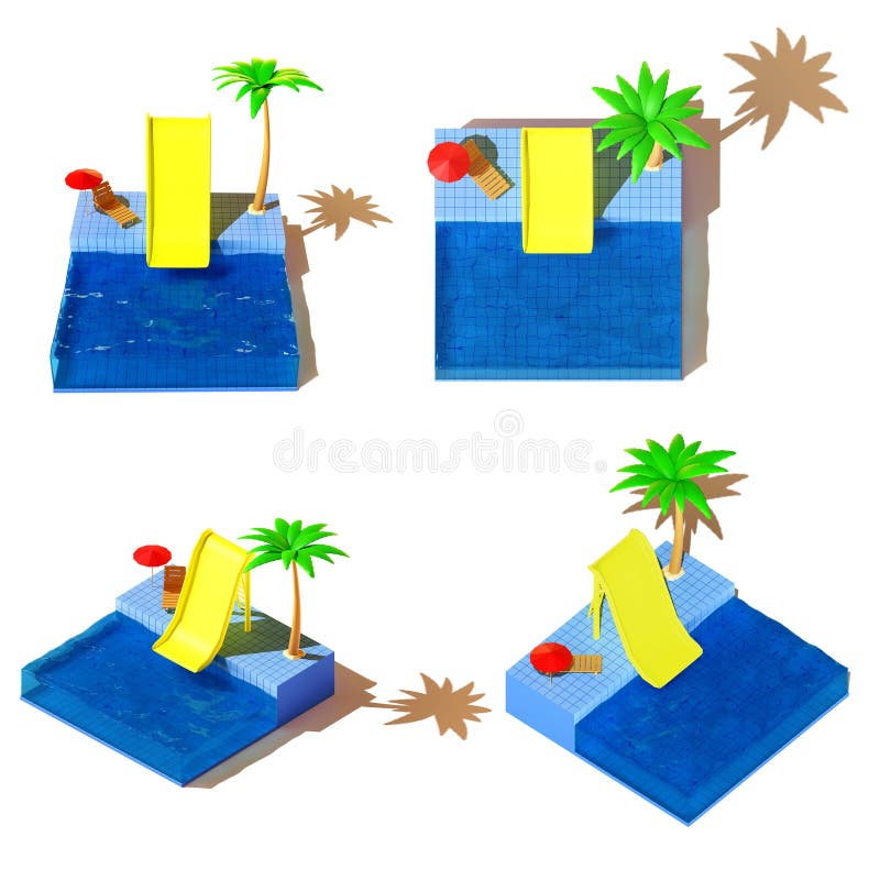 Swimming Pool with Slide and Palm 3d Render Illustration Stock
