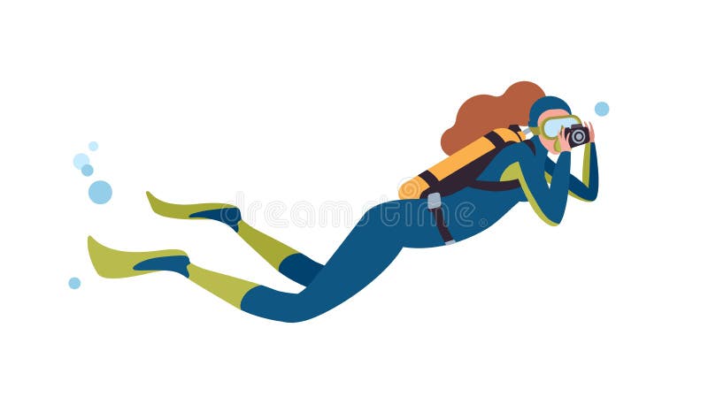 Swimming scuba diver flat vector illustration. Female diver with camera cartoon character. Woman taking pictures royalty free illustration