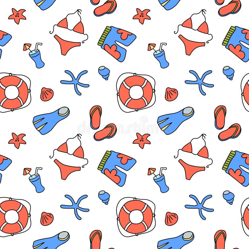 Swimwear and lifebuoy seamless pattern on white background. Marine themed playful print. Tropical island sea swimming wallpaper. Kid birthday wrapping paper. Summer activity doodle pattern. Swimwear and lifebuoy seamless pattern on white background. Marine themed playful print. Tropical island sea swimming wallpaper. Kid birthday wrapping paper. Summer activity doodle pattern