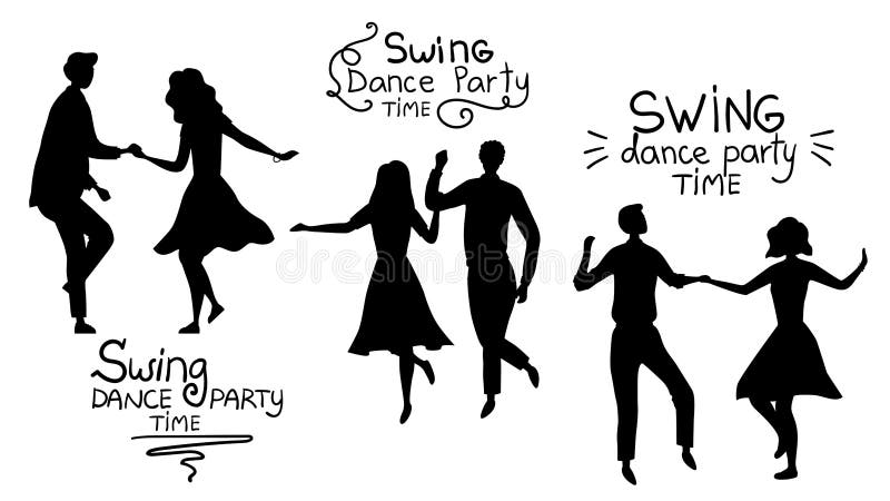 Swind Dance Party Time Concept. Black Silhouettes Of Young Couples are Dancing Swing, Rock and Roll or Lindy Hop. Flat Style. Vector Illustration.