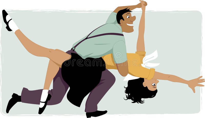 Young couple dressed in 1950s fashion dancing swing or rock and roll, vector illustration, no transparencies, EPS 8. Young couple dressed in 1950s fashion dancing swing or rock and roll, vector illustration, no transparencies, EPS 8