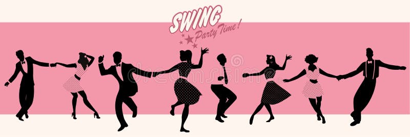 Swing Party Time: Silhouettes of four young couple wearing retro clothes dancing swing or lindy hop.