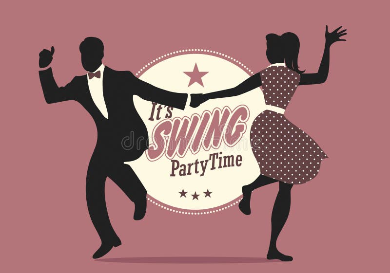 Swing Party Time: Silhouettes of young couple wearing retro clothes dancing swing or lindy hop.