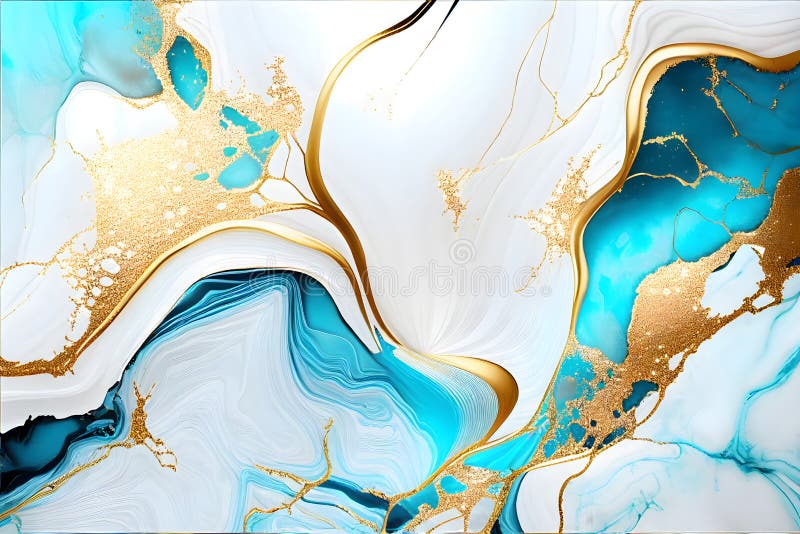 Swirl of blue gold marble abstract background, Liquid marble design abstract, light blue azure tones with golden, Paint marble