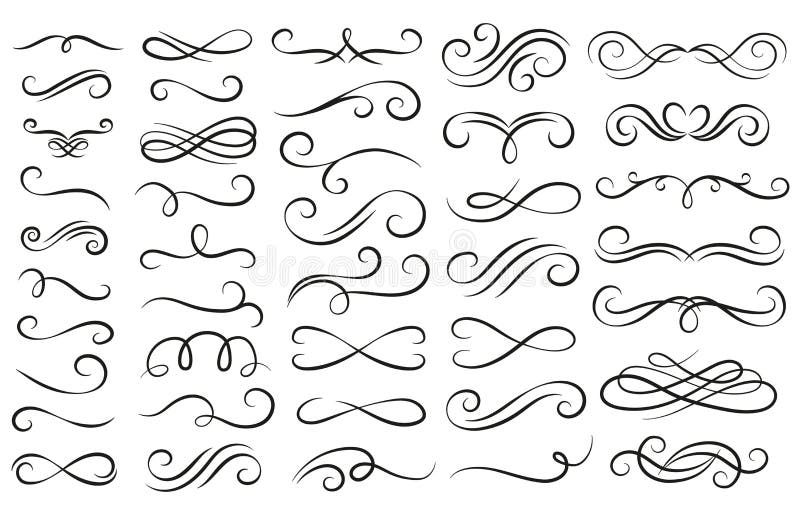 Swirl ornament stroke. Ornamental curls, swirls divider and filigree ornaments vector illustration set