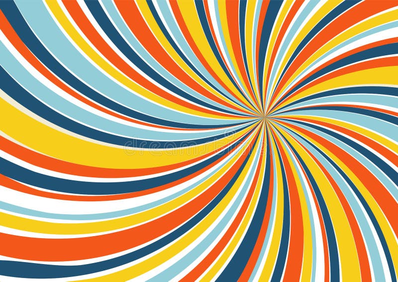 Swirl rays background. 1970s style. Spiral striped design with retro colors palette stock illustration