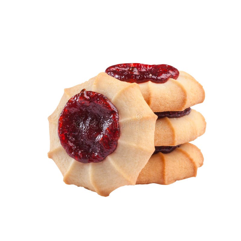 Swirl Shaped Shortbread Biscuits with Fruit Jam Isolated on White