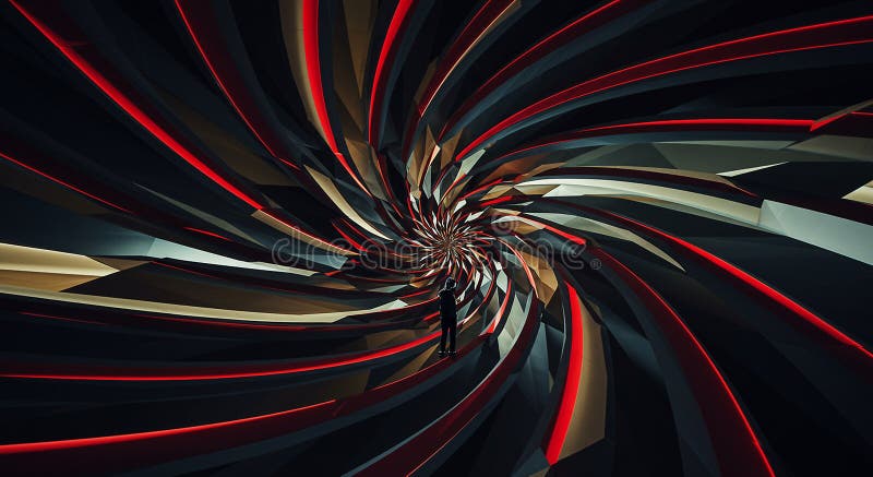 Swirling abstract tunnel composed of sharp, angular shapes in black, red, and stock illustration
