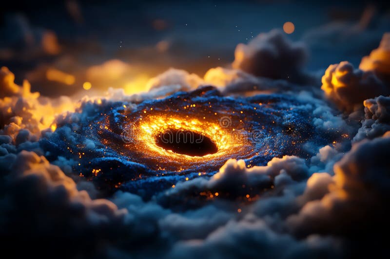 A swirling, fiery vortex consumes the sky, leaving a dark void in its wake. The image evokes a sense of power and mystery royalty free illustration