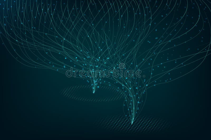 Swirling glowing digital streams, symbolizing dual hubs of connectivity, neural network and synchronized communication. royalty free stock photography