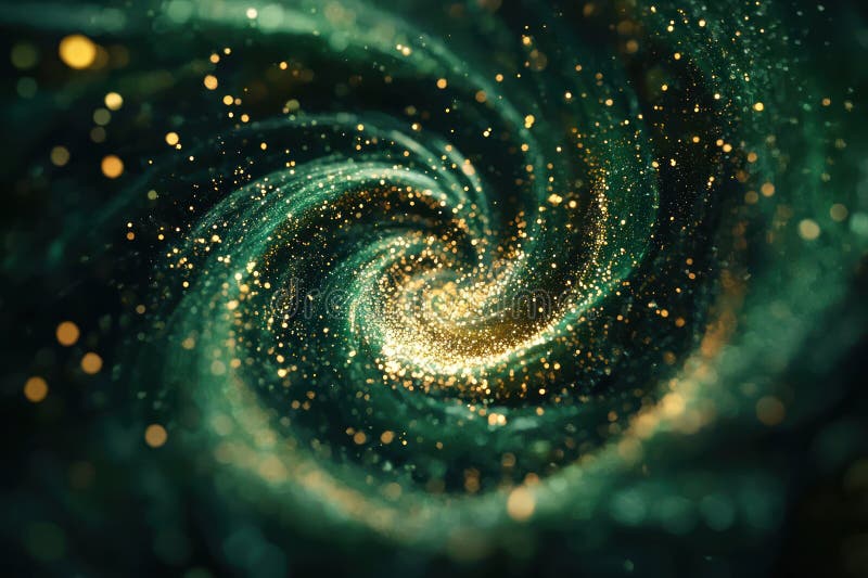 Swirling green and gold confetti explosion dark background, creating mesmerizing effect with focus center and ample copy stock photos