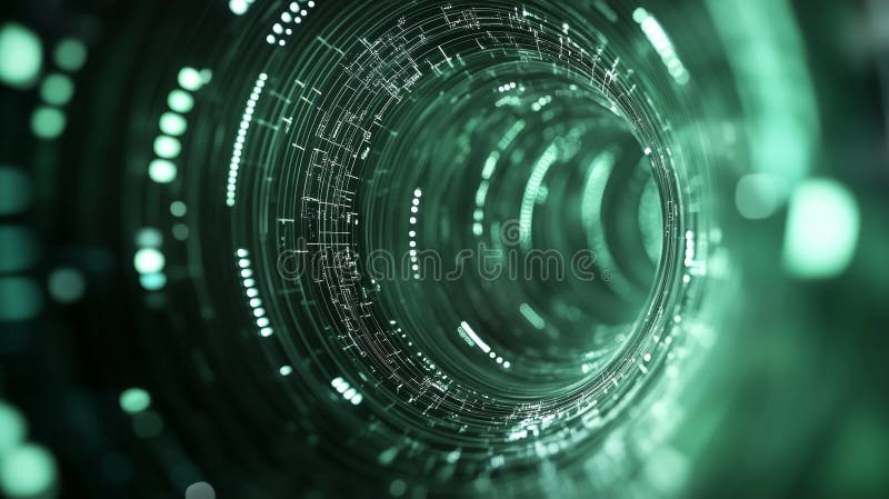 Visual representation of abstract digital technology creating a swirling vortex with luminous green patterns and royalty free stock images