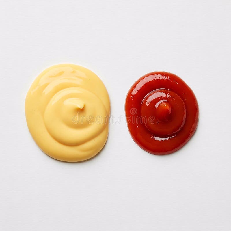 Swirls of ketchup and mustard, isolated on a white stock illustration