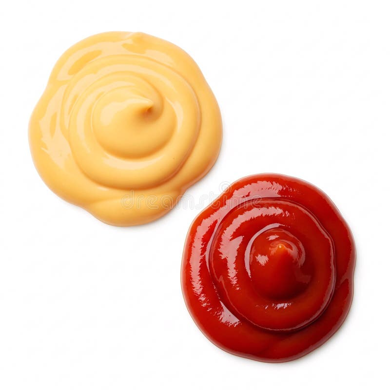 Swirls of ketchup and mustard, isolated on a white stock illustration