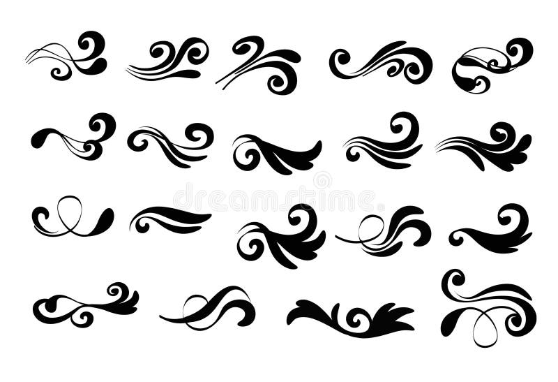 Swirly line curl patterns isolated on white background. Vector f