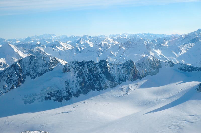 Swiss Alps Winter time Airplane view