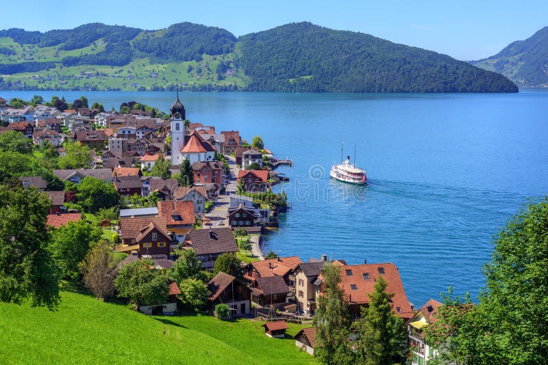 Swiss landscape with Lake Lucerne and Alps Mountains, Switzerland royalty free stock photography Swiss landscape with Lake Lucerne and Alps Mountains, Switzerland royalty free stock photography