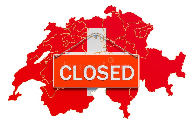 Swiss Map with Closed Hanging Sign, Quarantine Concept. 3D Rendering
