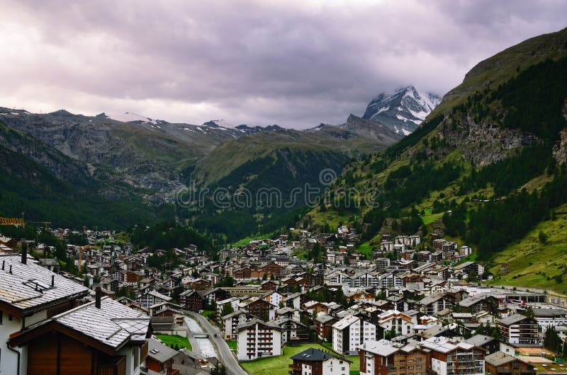 Swiss Resort Town of Zermatt and Matterhorn Mountain on a Cloudy Day