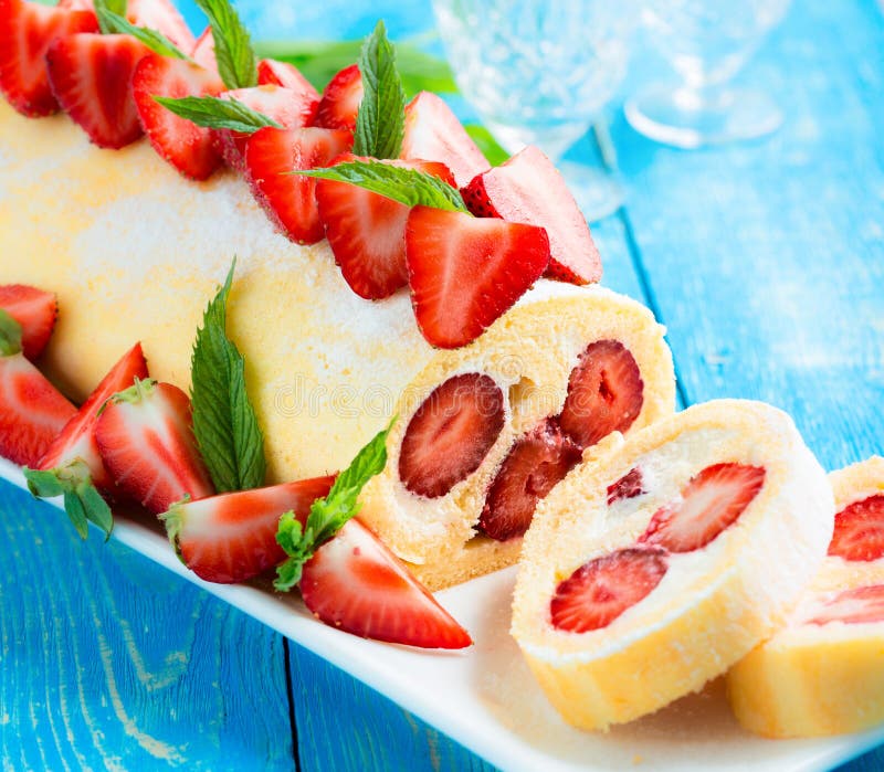 Swiss Roll Cake with Strawberries Stock Photo Image of cake, homemade