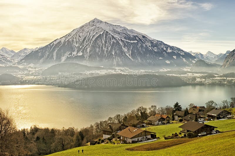 Swiss rural landscape near Thun lake at sunshine