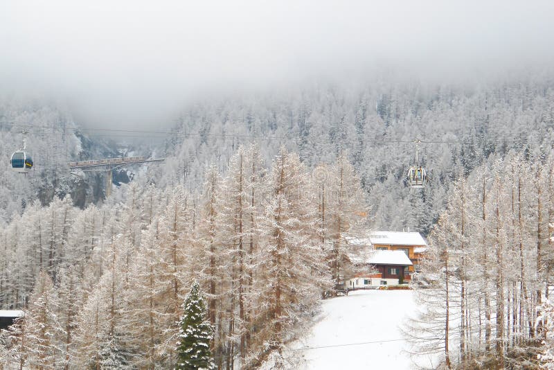Traditional alpine house in the coniferous forest, Swiss ski resort stock photography Traditional alpine house in the coniferous forest, Swiss ski resort stock photography