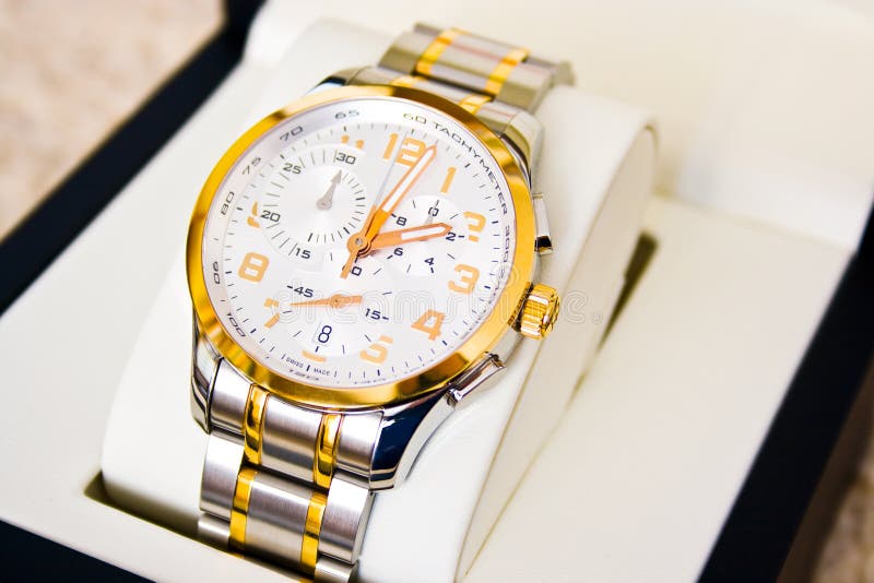 Classic swiss watch with chronograph as gift in leather box. Button clasp stock images, royalty-free photos and pictures