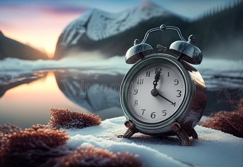 Switching Clocks To Winter Time with Alarm Clock and Snowy View Generative AI Stock