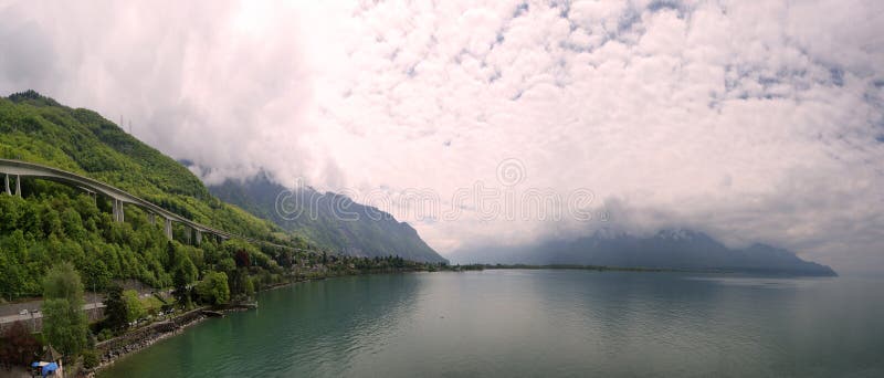 Switzerland, Montreux, panoramic view of Lake Gene