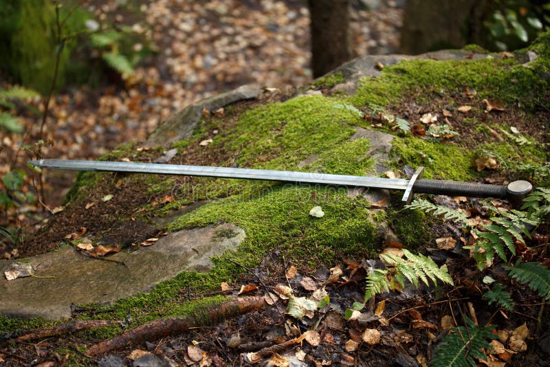 The sword lies on the mossy stone. 