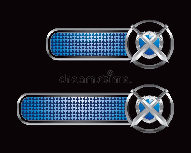 Swords and shield on blue checkered banners. Swords and shield on blue checkered banners