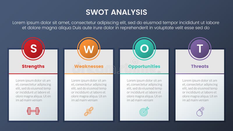 Swot analysis concept with big boxed banner table information for infographic template banner with four point list information royalty free illustration