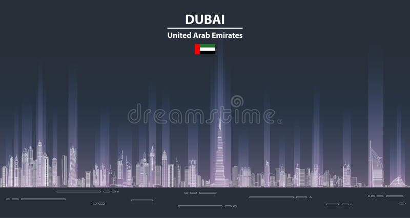 Dubai Ñityscape at night line art style vector detailed illustration. Travel background stock illustration