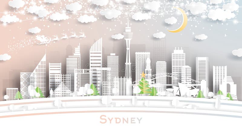 Sydney Australia City Skyline in Paper Cut Style with Snowflakes, Moon and Neon Garland. Vector Illustration. Christmas and New Year Concept. Santa Claus on Sleigh
