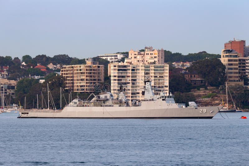 Sydney, Australia - October 5, 2013: KD Jebat F 29 Lekiu-class guided missile frigate serving in the Royal Malaysian Navy  in Sydney Harbor