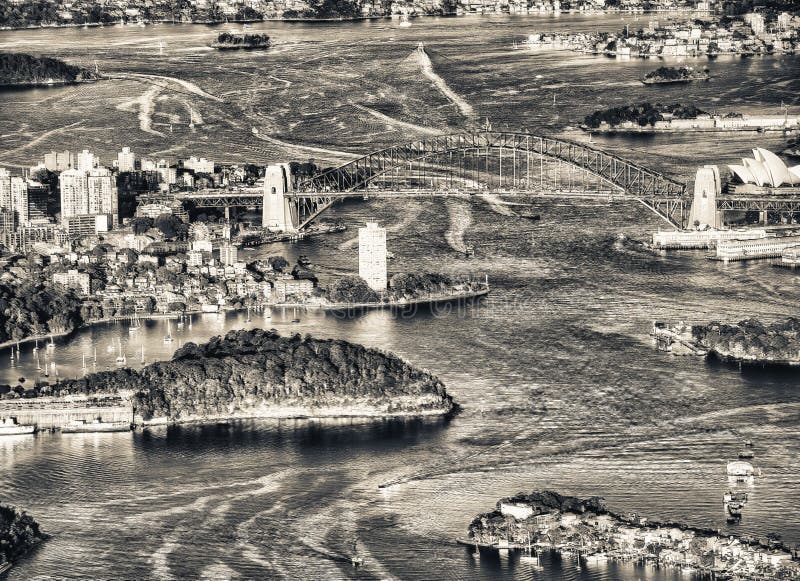 Sydney, Australia. View of city harbour from a flying airplane royalty free stock photography