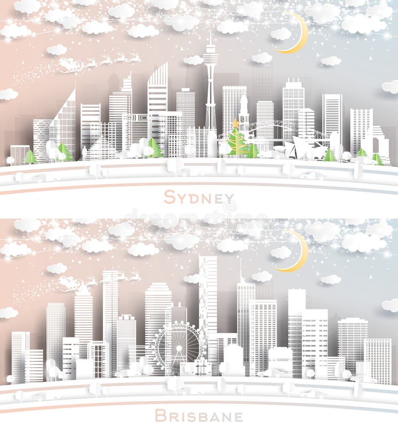 Sydney and Brisbane Australia City Skyline Set in Paper Cut Style with Snowflakes, Moon and Neon Garland. Christmas and New Year Concept. Santa Claus on Sleigh