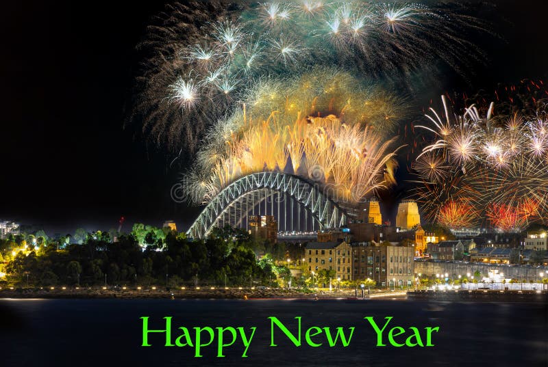 Sydney Harbour Bridge New Years Eve fireworks, colourful NYE fire works the night skies with vivid colours NSW Australia
