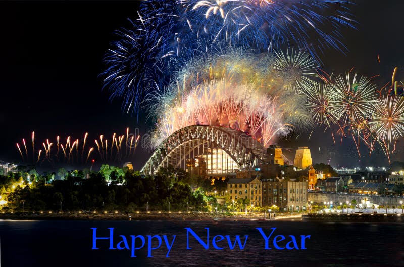 Sydney Harbour Bridge New Years Eve fireworks, colourful NYE fire works the night skies with vivid colours NSW Australia