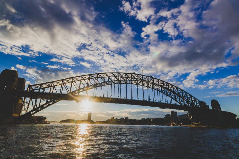 Sydney Harbour Bridge at sunset with sun flare shot from the fer