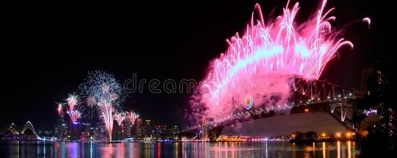 Sydney Harbour NYE Fireworks Panorama stock photos Sydney Harbour NYE Fireworks Panorama stock photos