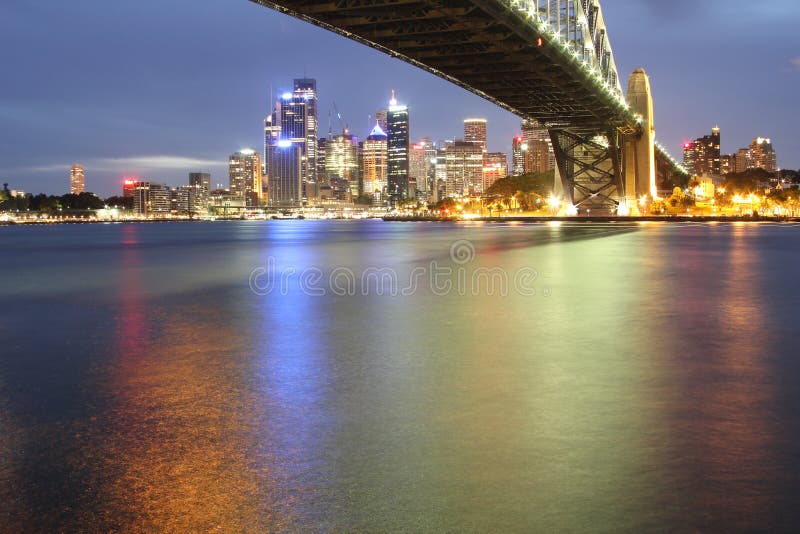 Sydney skyline with Harbour Bridge night scenery stock photography