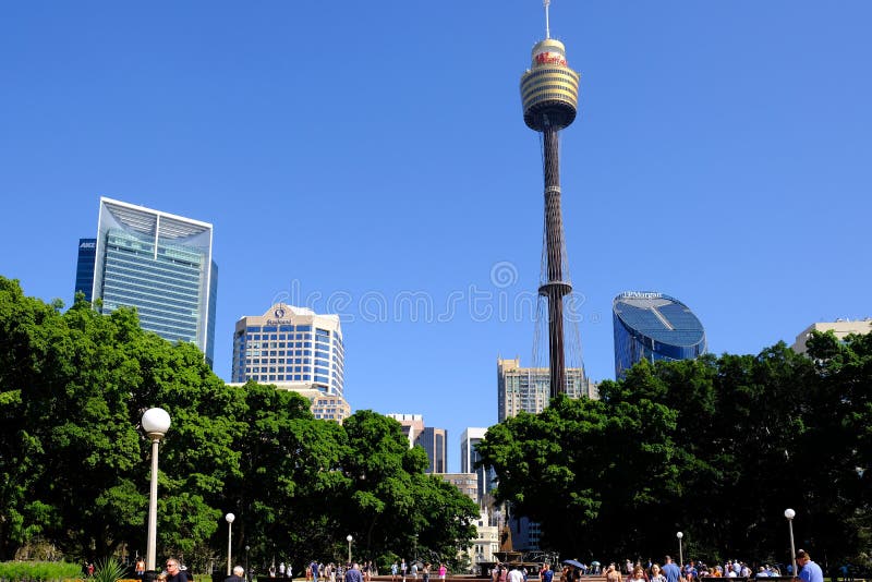 Sydney Tower and City Buildings, View From Hyde Park, Australia. View of Hyde Park with the Archibald Fountain, to the Sydney central business district skyline stock photo Sydney Tower and City Buildings, View From Hyde Park, Australia. View of Hyde Park with the Archibald Fountain, to the Sydney central business district skyline stock photo