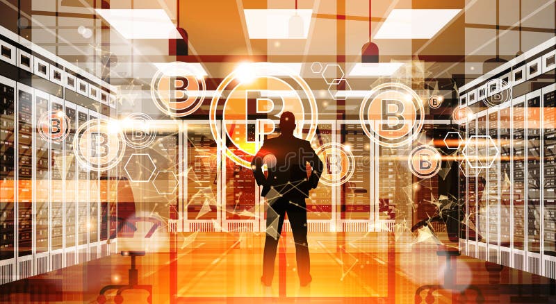 Sylwetka Biznesowego mężczyzna punktu palec Bitcoin waluty pojęcia Cyfrowego sieci pieniądze Crypto technologia ilustracja wektor